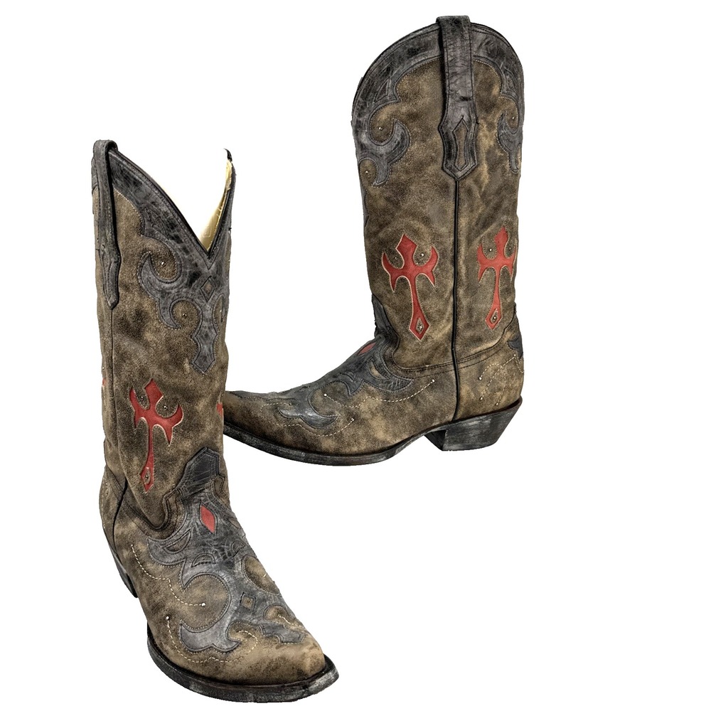 Corral Mens Western Cowboy Boots Size 9 Distressed Brown Leather Inlay Snip Toe
